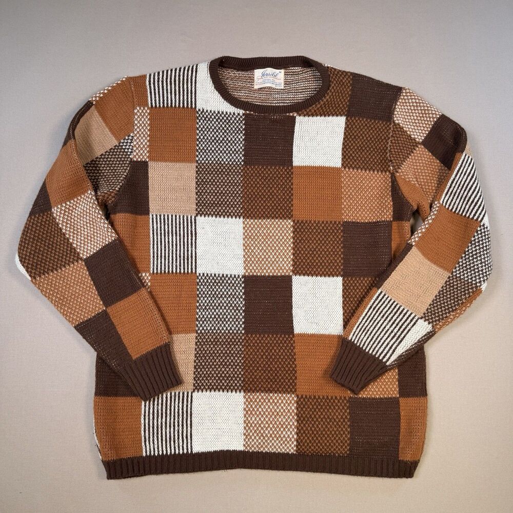 VTG JERSILD Sweater Mens Medium Brown Checkerboard Orlon DuPont Acrylic Pullover